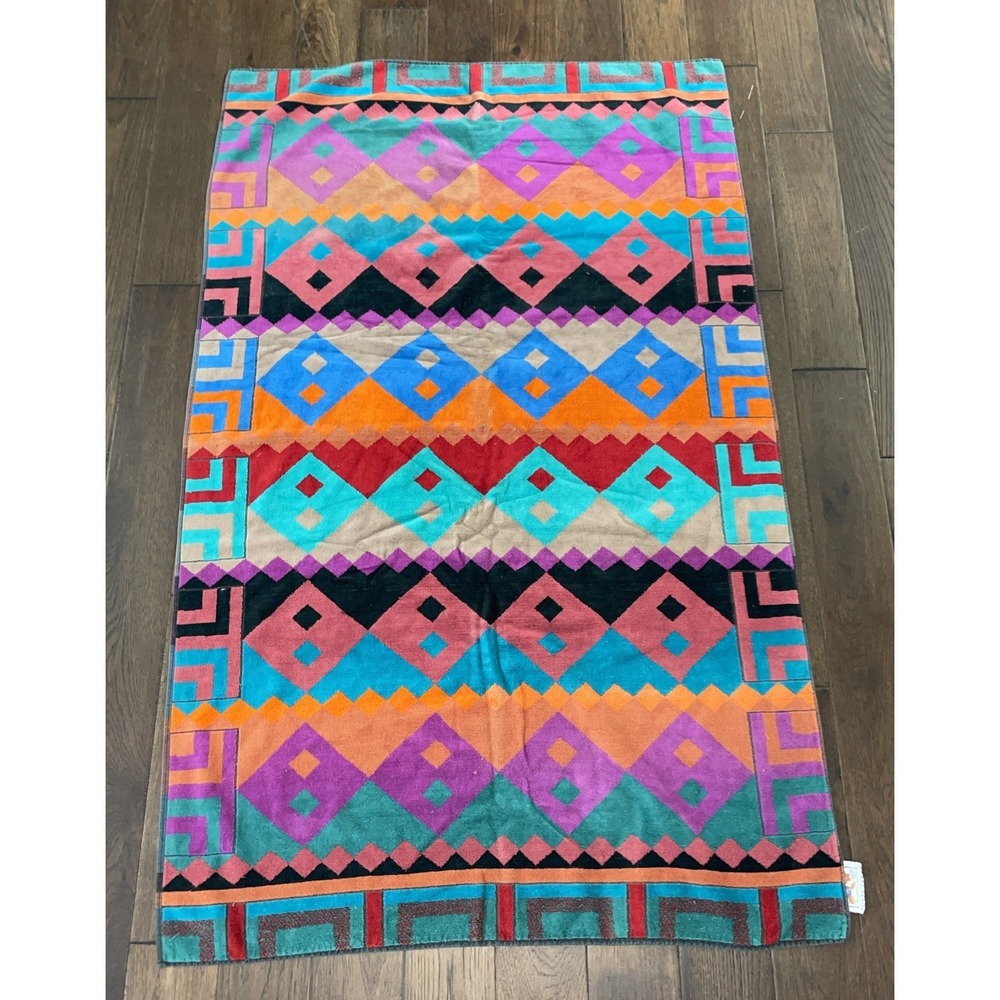 Vintage Royal Terry Beach Towel Retro Neon Geometric 100% Cotton Large 90s